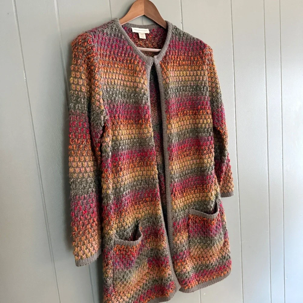 Multicolor Textured Knit Longline Open Front Cardigan Boho Lagenlook Cozy Large